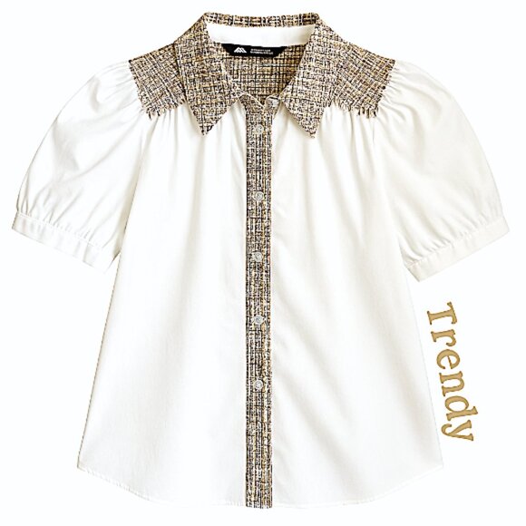Zara White Puff Sleeve Blouse Cream Tweed Trim Contrast Button Front Shirt M - Picture 1 of 10